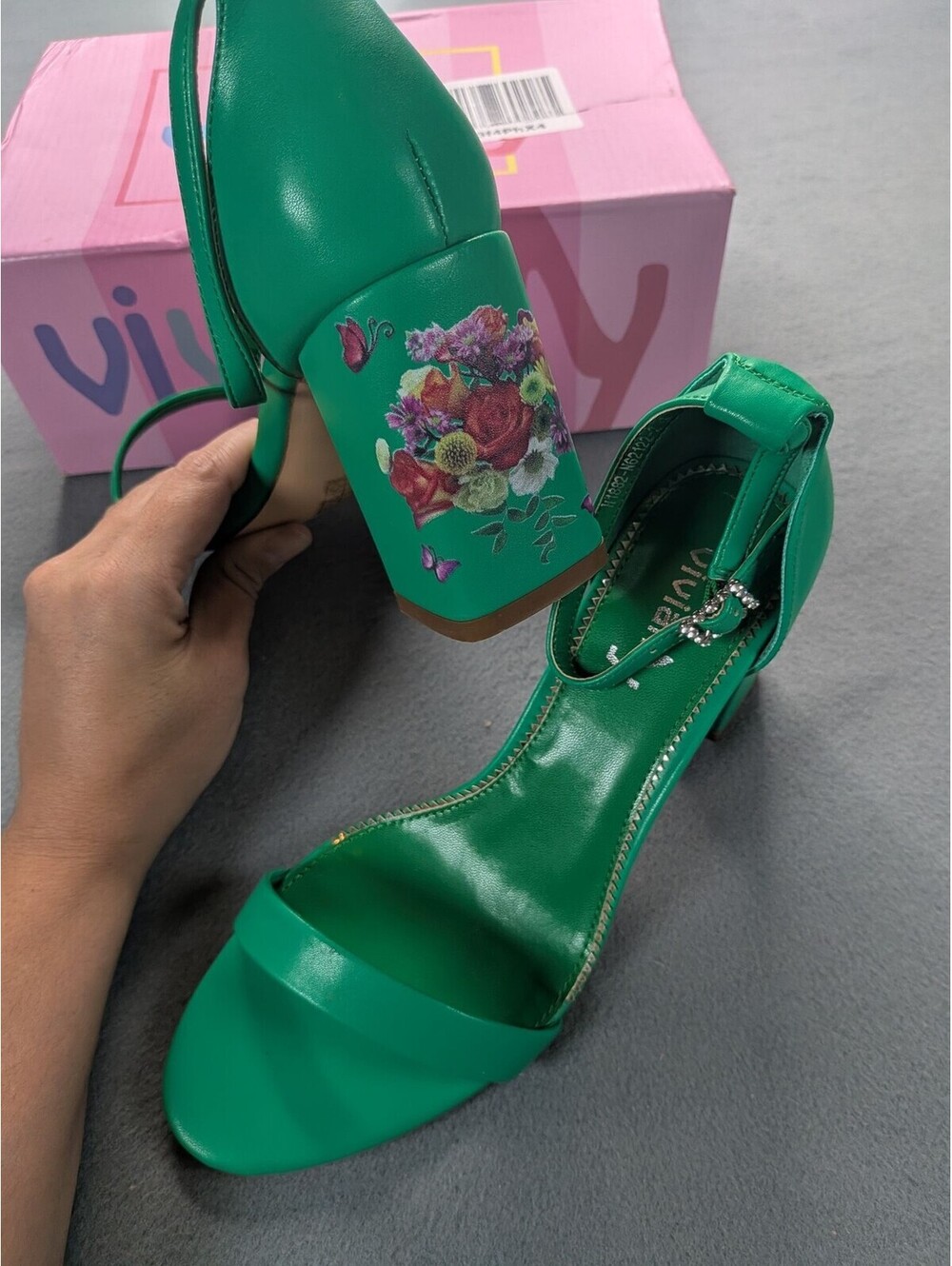 Viviany Heels Womens Size 9 Green Strappy Block Heel Floral Butterfly Sandals - Picture 4 of 10